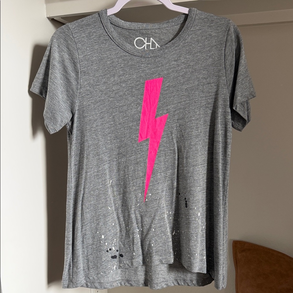 Gray Shirt with Pink Lightning Bolt by
